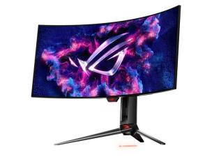 Gambar monitor gaming ASUS ROG Swift menampilkan adegan game yang cepat, menekankan gerakan halus dan warna cerah, mungkin dengan lencana "144Hz" atau "240Hz" di sudut.