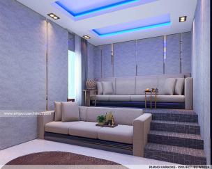 Interior villa smart home dengan tablet kontrol di dinding dan pencahayaan modern di Bogor.