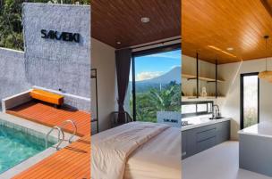 Dapur modern lengkap di dalam villa dengan pemandangan taman yang asri di Bogor.