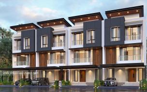 Gambar rumah modern minimalis dikelilingi taman hijau yang rimbun.