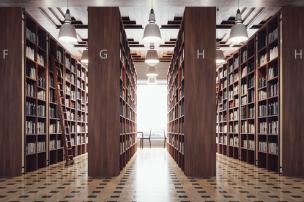 Gambar interior perpustakaan modern dengan instalasi seni dan pameran sains.