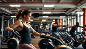 Orang sedang berolahraga di gym modern dengan peralatan canggih dan interior yang stylish.