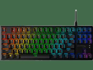 Gambar keyboard HyperX Alloy Origins Core TKL di atas meja, diposisikan untuk menunjukkan ruang mouse ekstra yang disediakannya, dengan mouse gaming di dekatnya.
