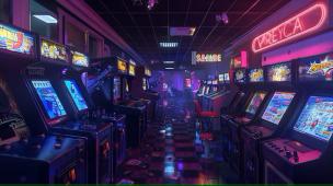 Interior pusat arcade games yang ramai dengan berbagai mesin game dan cahaya neon.
