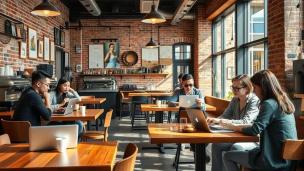 Interior kafe modern dengan beberapa orang sedang bekerja menggunakan laptop di meja.