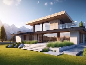 Gambar rumah modern di lanskap pegunungan hijau yang tenang.