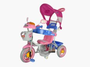 Gambar sepeda roda tiga Family Bike berwarna-warni dengan anak tersenyum mengendarainya di taman, dengan orang tua berjalan di sampingnya, menonjolkan keamanan dan kegembiraan, dengan latar belakang s