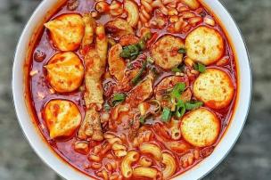 Semangkuk seblak panas dengan kerupuk basah, telur, dan topping lainnya yang mengepulkan asap.