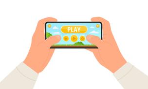 Tangan sedang memegang ponsel gaming yang menampilkan grafis game realistis, seolah bermain di konsol.