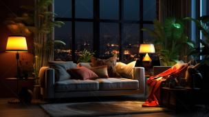 Interior lounge bar dengan pencahayaan redup, sofa nyaman, dan beberapa orang sedang bersosialisasi di malam hari.