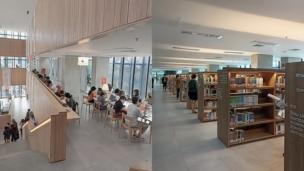 Gambar interior perpustakaan kementerian dengan buku-buku akademik dan budaya.
