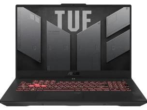 Gambar ASUS TUF Gaming F15/A15 di alas gaming, dengan pencahayaan RGB yang halus, di pengaturan gaming kasual, dengan latar belakang yang mengisyaratkan Cibubur Junction Jakarta Timur.