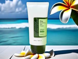 Gambar tube COSRX Aloe Soothing Sun Cream dengan daun lidah buaya atau tetesan air yang terlihat, menonjolkan sifat pelembap dan menenangkannya, dengan latar belakang samar Surabaya.