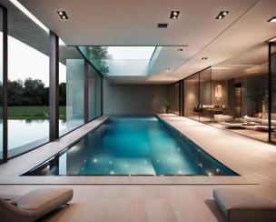 Kolam renang indoor yang tenang dengan cahaya alami masuk melalui jendela besar.