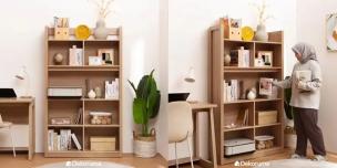 Gambar interior toko buku stylish dengan rak-rak buku seni yang tertata rapi.