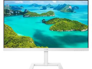 Gambar monitor Philips B Line yang terhubung ke laptop melalui satu kabel USB-C, dengan berbagai periferal (keyboard, mouse, drive eksternal) yang terhubung rapi ke port monitor, menekankan penyiapan 