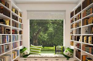 Gambar interior Omuniuum yang nyaman dengan rak buku dan piringan hitam.