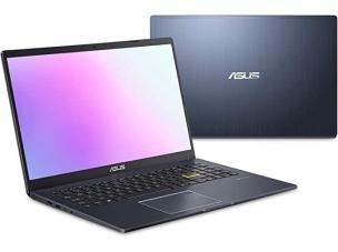 Gambar ASUS Laptop E410/E510 di meja belajar atau meja ruang tamu, menyoroti desain ringkas dan kegunaannya untuk tugas sehari-hari, dengan latar belakang samar Ambarrukmo Plaza Yogyakarta.
