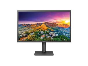 Gambar monitor LG UltraFine yang terhubung ke MacBook Pro melalui satu kabel Thunderbolt, ditempatkan di meja modern, menekankan desain ramping dan integrasi mulusnya dengan produk Apple.