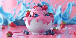 Semangkuk es krim dengan berbagai topping buah dan saus.