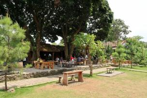 Pengunjung sedang ngopi di area outdoor Armor Kopi Tahura Djuanda di tengah hutan pinus.