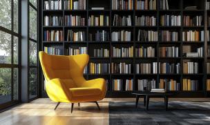 Gambar interior kafe yang nyaman dengan kursi berlengan dan rak buku.