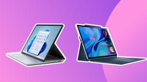 Laptop 2-in-1 dalam mode tenda, dengan stylus diletakkan di samping layar sentuh.