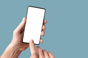 Tangan memegang smartphone menampilkan listing jual beli gadget di marketplace online seperti OLX dengan latar belakang abstrak digital.