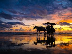 Gambar Pantai Parangtritis saat matahari terbenam dengan orang-orang menunggang kuda dan ATV.