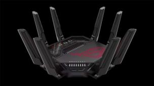 Router Wi-Fi gaming dengan desain agresif dan lampu indikator yang menyala, menunjukkan aktivitas jaringan.
