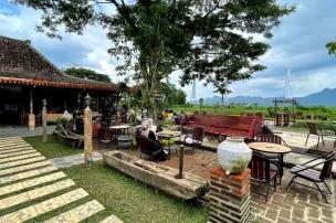 Kafe outdoor di pinggir sawah dengan pemandangan sawah hijau yang luas dan pegunungan di latar belakang.