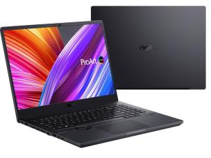 Gambar ASUS ProArt StudioBook 16 OLED atau ZenBook Pro 15 OLED menampilkan antarmuka pengeditan foto atau video yang jelas, dengan palet warna di dekatnya, di ruang kerja kreatif atau dengan latar bel