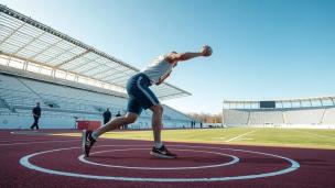 Atlet muda sedang berlatih di lapangan olahraga modern, dengan peralatan lengkap, suasana semangat.