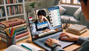 Gambar seorang siswa bekerja mandiri di sebuah meja belajar individual dengan buku-buku dan laptop.