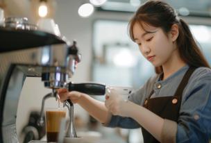 Seorang barista sedang mengajarkan teknik latte art kepada siswa di mesin espresso.
